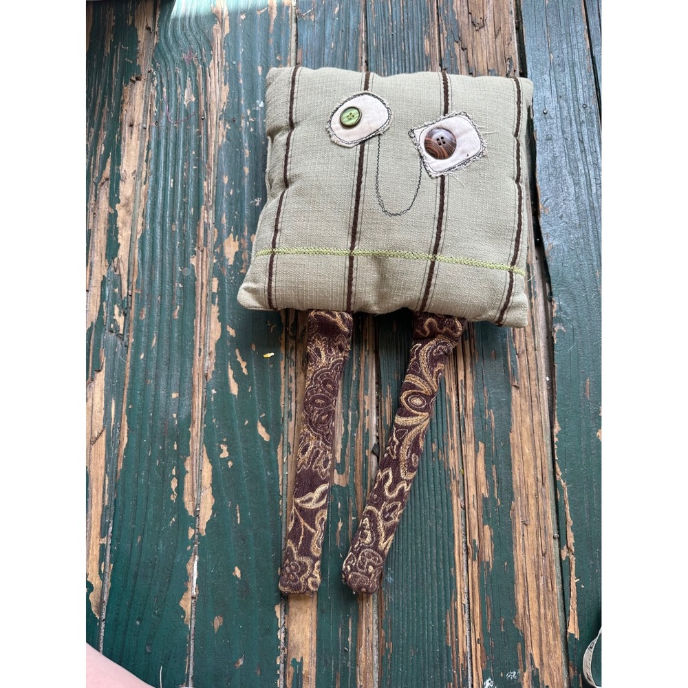 Handmade Folk Art Plush Monster Sage Green Striped Paisley Legs Button Eyes